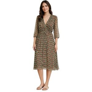 Matta Dress Midi Chiffon M Brown Green 3/4 Sleeve Sheer Mod Funky Retro Boho Art